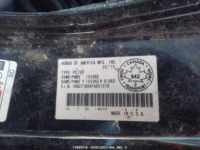 Honda ACCORD EXL 2015 1HGCT1B86FA801078 Image 9