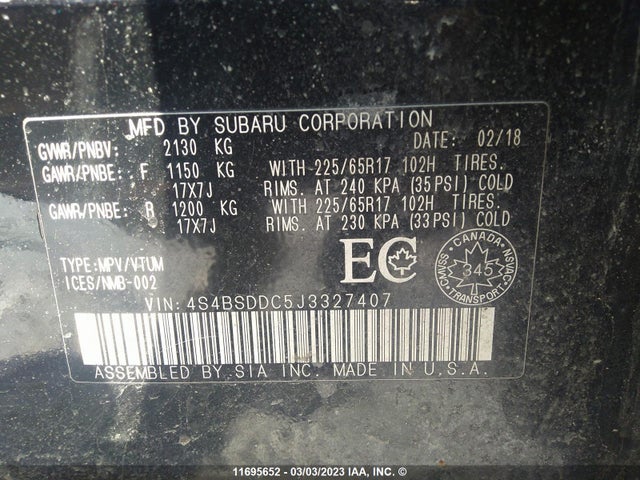 4S4BSDDC5J3327407 Subaru Outback 2.5i Premium