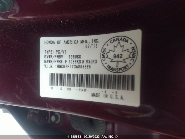 Honda ACCORD EX 2016 1HGCR2F02GA806885 Image 10