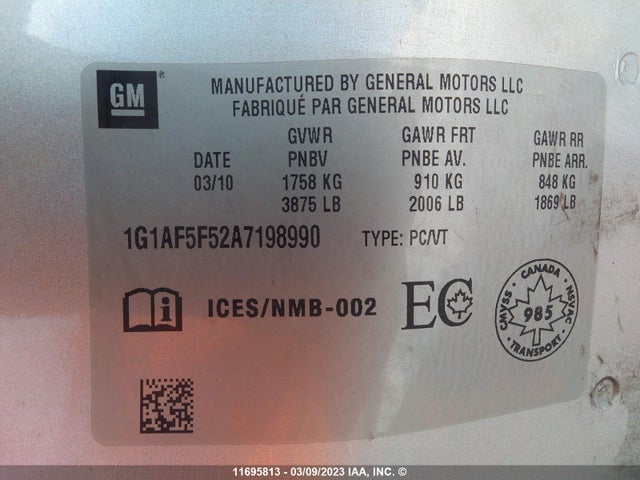 Chevrolet COBALT 2LT 2010 1G1AF5F52A7198990 Image 10