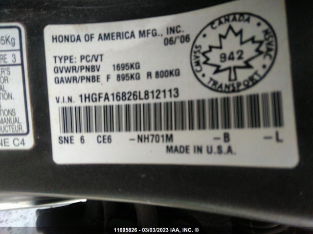 Honda CIVIC EX 2006 1HGFA16826L812113 Image 11