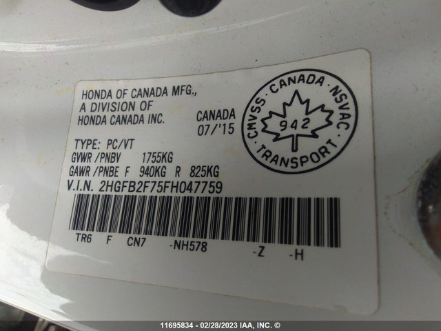 Honda CIVIC SE 2015 2HGFB2F75FH047759 Image 9