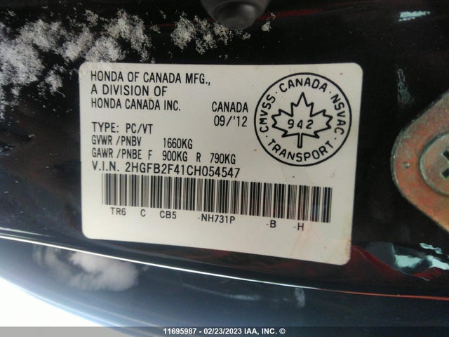 11695987 :رقم المزاد ، 2HGFB2F41CH054547 vin ، 2012 Honda Civic Lx مزاد بيع