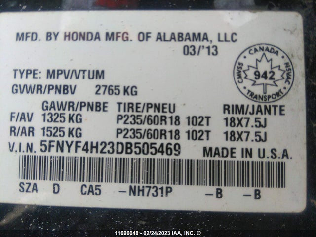 Honda PILOT LX 2013 5FNYF4H23DB505469 Image 10