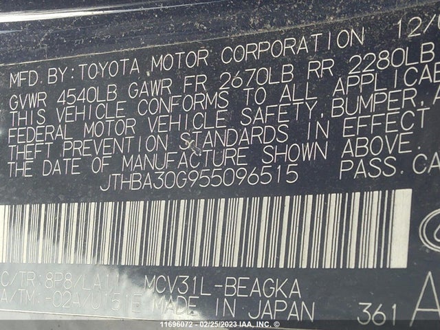 JTHBA30G955096515 Lexus ES 330