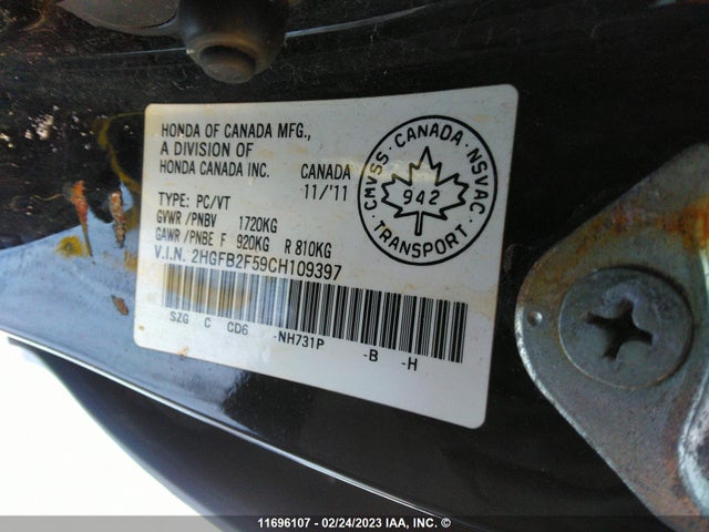 Honda Civic Ex 4dr 2012 2HGFB2F59CH109397 Image 9