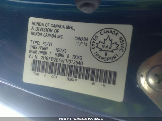 Honda Civic Lx 2015 2HGFB2E45FH013540 Image 9