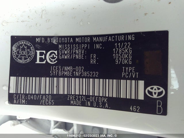 Toyota COROLLA LE 2022 5YFBPMBE1NP385232 Image 12
