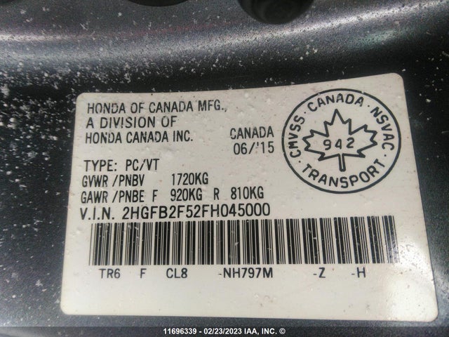 Honda r18z1 2015 2HGFB2F52FH045000 Image 26