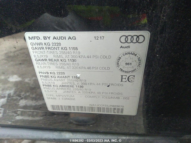 WA1JCCFS3JR022670 Audi Q3 Premium Plus