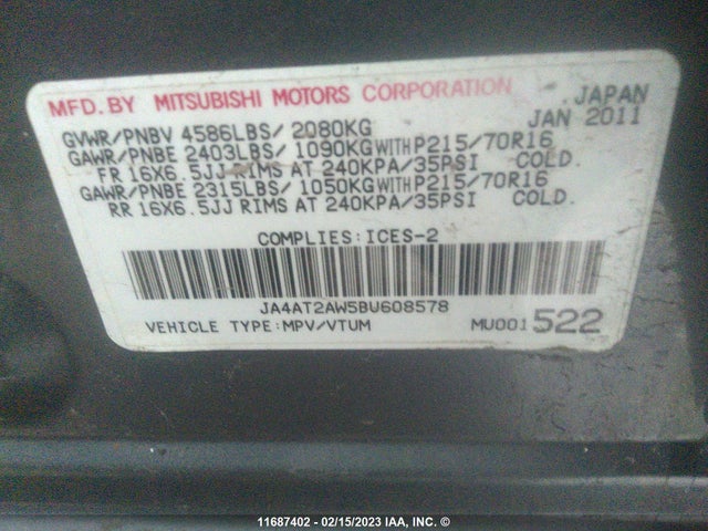 JA4AT2AW5BU608578 Mitsubishi Outlander Es