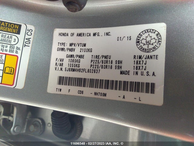 Honda Cr-v Touring 2015 5J6RM4H92FL802637 Image 11