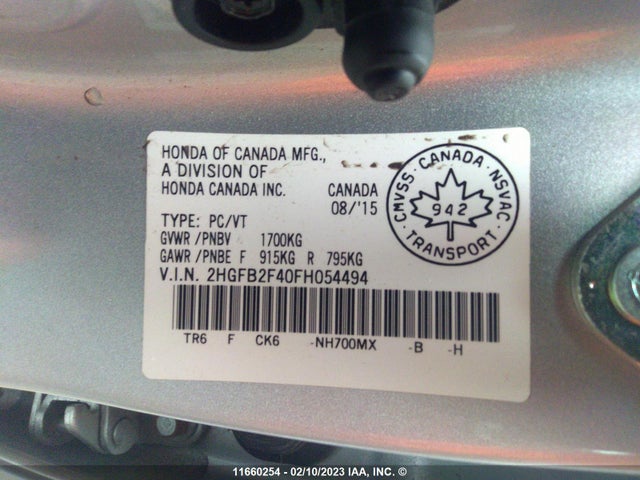 Honda Civic Lx 2015 2HGFB2F40FH054494 Image 9