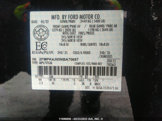 Продаж на аукціоні авто 2022 Ford Edge Sel, vin: 2FMPK4J95NBA70687, номер лоту: 11696806