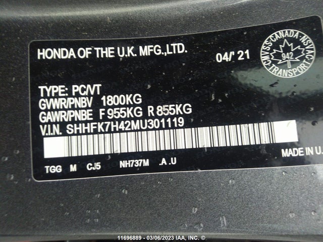 Honda CIVIC 2021 SHHFK7H42MU301119 Image 9