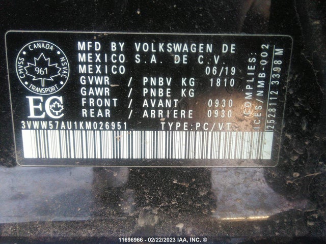 Volkswagen GOLF S/SE 2019 3VWW57AU1KM026951 Image 10