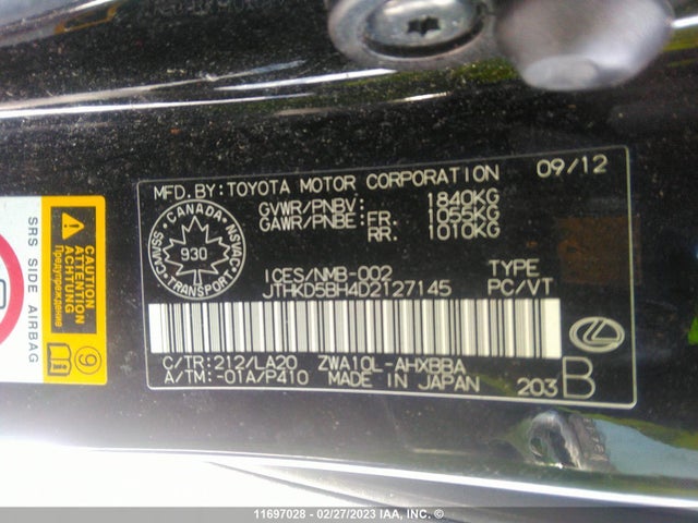 JTHKD5BH4D2127145 Lexus CT 200