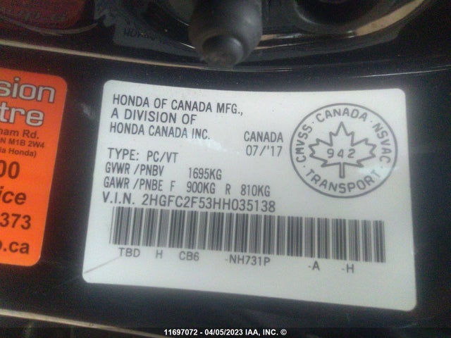 Honda Civic Lx 2017 2HGFC253HH035138 Image 9