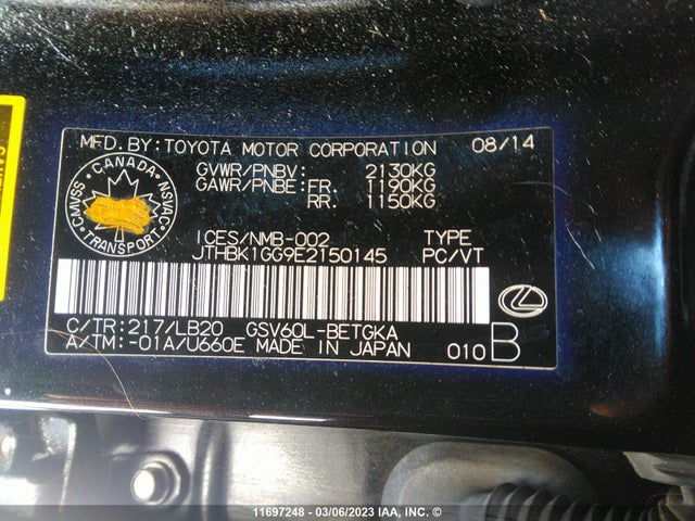 JTHBK1GG9E2150145 Lexus ES 350