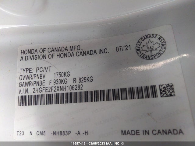 Honda Civic Lx 2022 2HGFE2F2XNH106282 Image 10