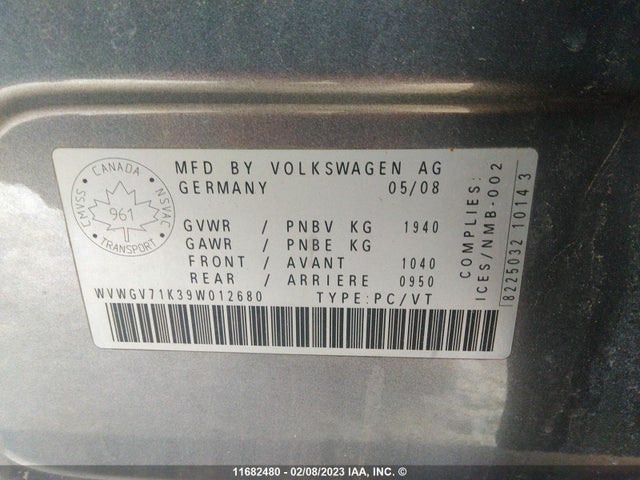 WVWGV71K39W012680 Volkswagen GTI