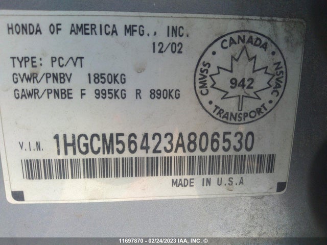 Honda ACCORD LX 2003 1HGCM56423A806530 Image 10