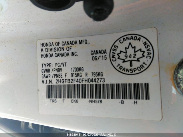 Honda Civic Lx 2015 2HGFB2F40FH044273 Image 9