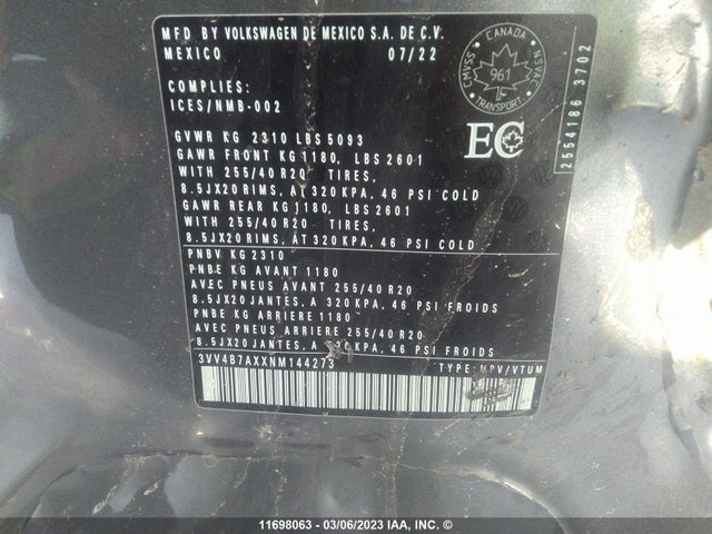 3VV4B7AXXNM144273 Volkswagen TIGUAN