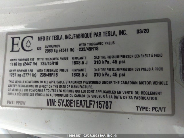 5YJ3E1EA7LF715787 Tesla MODEL 3