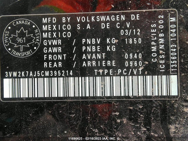 Volkswagen JETTA S 2012 3VW2K7AJ5CM395214 Image 10