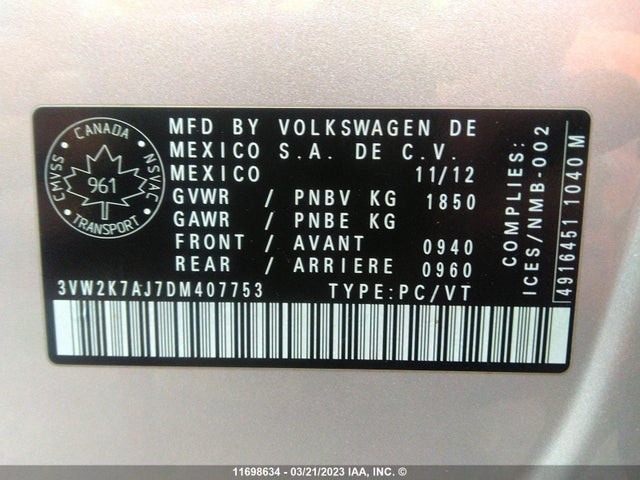 3VW2K7AJ7DM407753 Volkswagen JETTA S