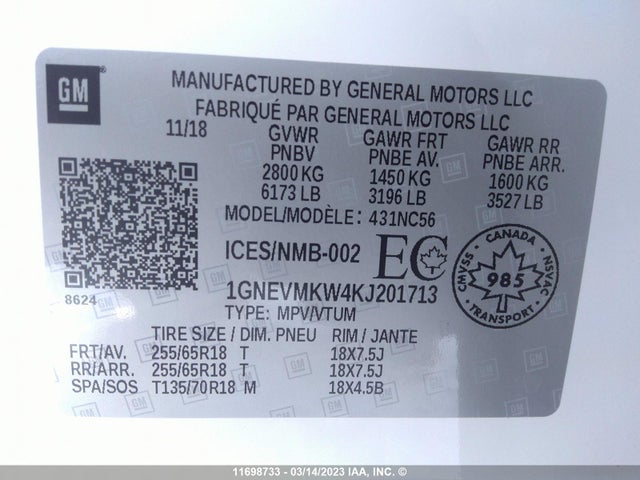 Chevrolet Traverse Lt 2019 1GNEVMKW4KJ201713 Image 11