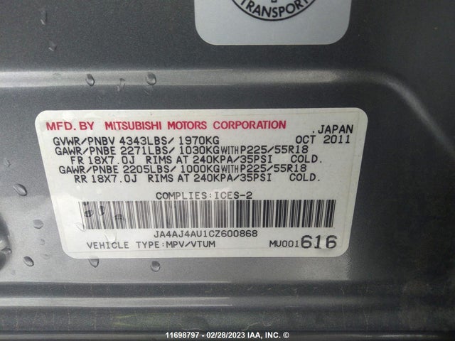 JA4AJ4AU1CZ600868 Mitsubishi Rvr Gt
