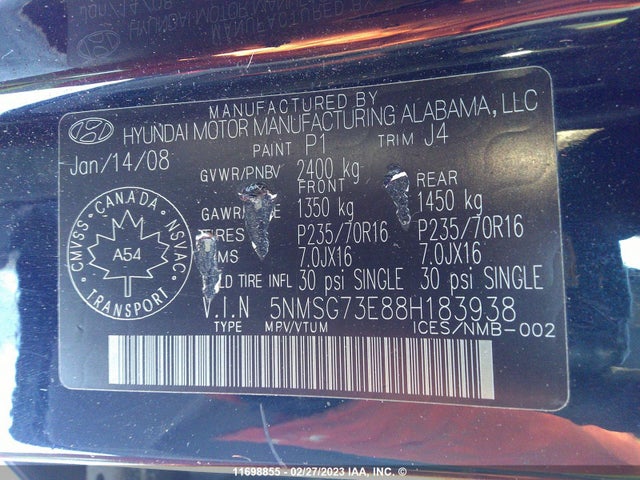 Hyundai Santa Fe Gl 2008 5NMSG73E88H183938 Image 10