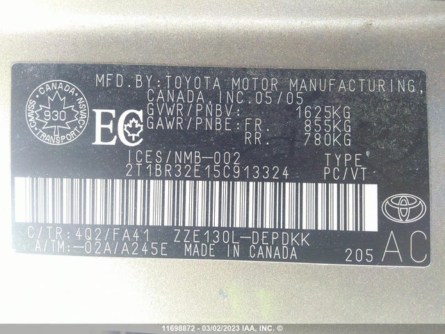 Toyota COROLLA CE/LE/S 2005 2T1BR32E15C913324 Image 10