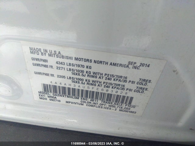 4A4AH3AU5FE603028 Mitsubishi Rvr Se/es