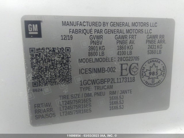 Chevrolet Express G2500 2020 1GCWGBFP2L1173118 Image 9