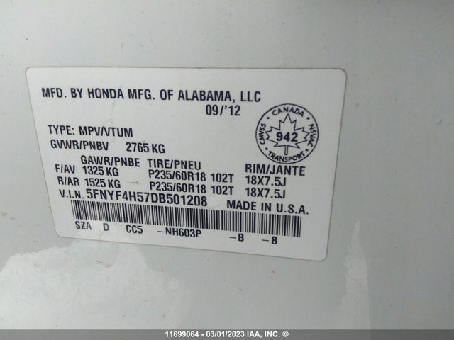 Honda PILOT EXL 2013 5FNYF4H57DB501208 Image 10