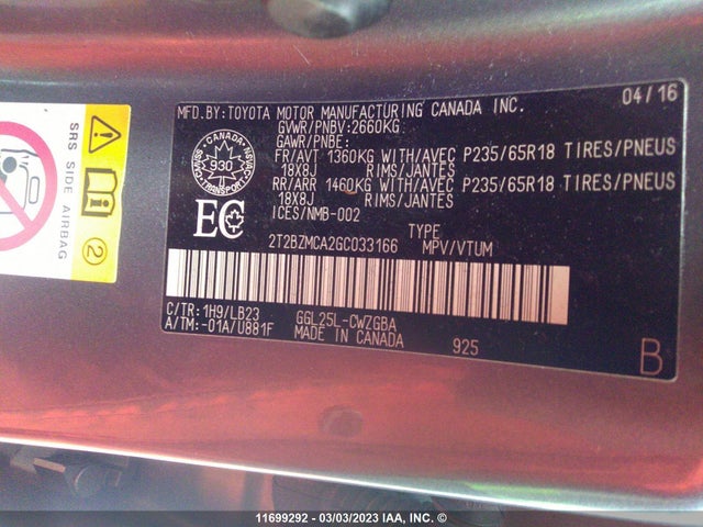 2T2BZMCA2GC033166 Lexus Rx 350/base/f Sport