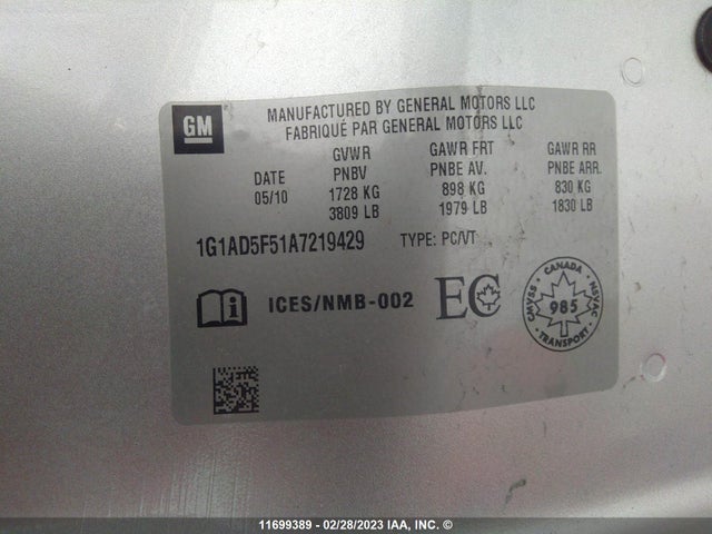 Chevrolet COBALT 1LT 2010 1G1AD5F51A7219429 Image 10