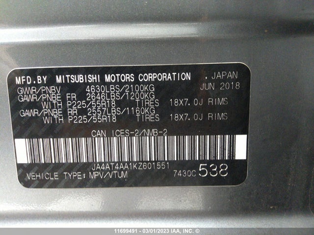 JA4AT4AA1KZ601551 Mitsubishi Eclipse Cross Le/sp
