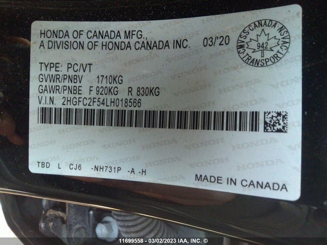 Honda Civic Lx 2020 2HGFC2F54LH018566 Image 10