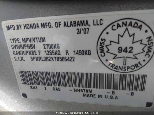 Honda ODYSSEY LX 2007 5FNRL382X7B506422 Image 10