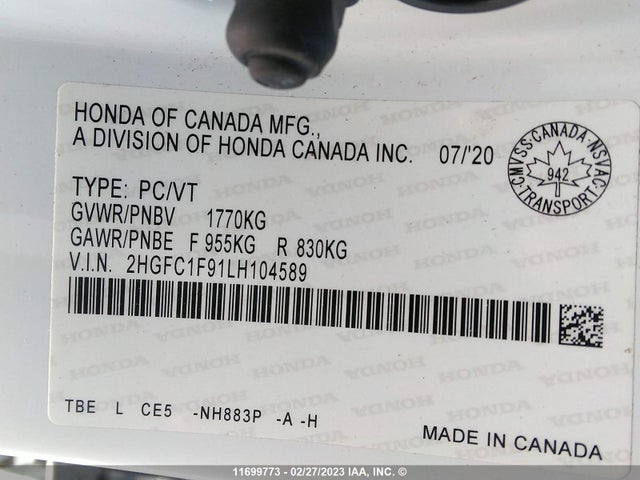 Honda Civic Touring 2020 2HGFC1F91LH104589 Image 9