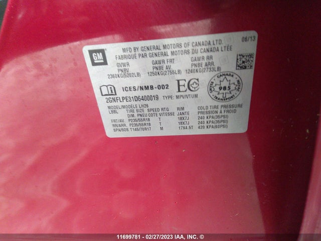 Chevrolet EQUINOX LT 2013 2GNFLPE31D6400019 Image 9