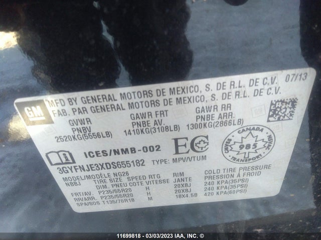 3GYFNJE3XDS655182 Cadillac Srx Premium Collection