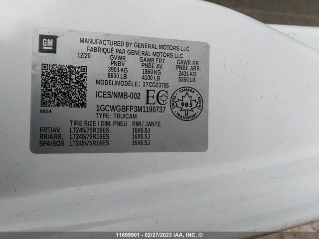 Chevrolet Express G2500 2021 1GCWGBFP3M1190737 Image 9