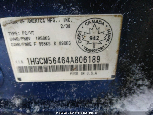 Honda ACCORD LX 2004 1HGCM56464A806189 Image 10