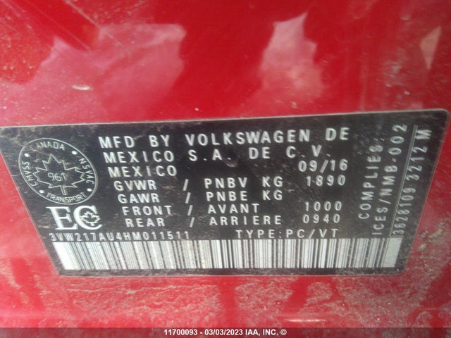 3VW217AU4HM011511 Volkswagen Golf S/wolfsburg/se/sel