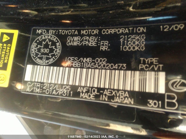 Lexus HS 250H 2010 JTHBB1BA5A2020473 Image 9
